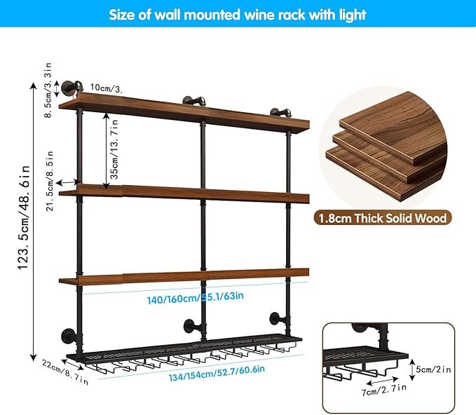 Wall Mounted Wine Rack with LED Light, 4 Tiers Large Wine Rack with Wine Glass Holder. lron & Wood Liquor Bottles Floating Shelves Display Storage for Bar, Kitchen, Cafe (Walnut, 140cm/55in)