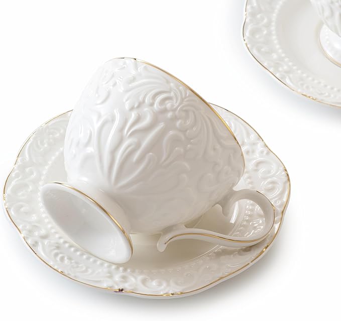 Cups and Saucers Tea Cups Set of 2, Ceramic Coffee Cups with Floral Embossed Design, 200ml (7 oz) Tea Cups and Saucers Porcelain Mugs for Birthday Party Cafe Home Mother's Day Gift