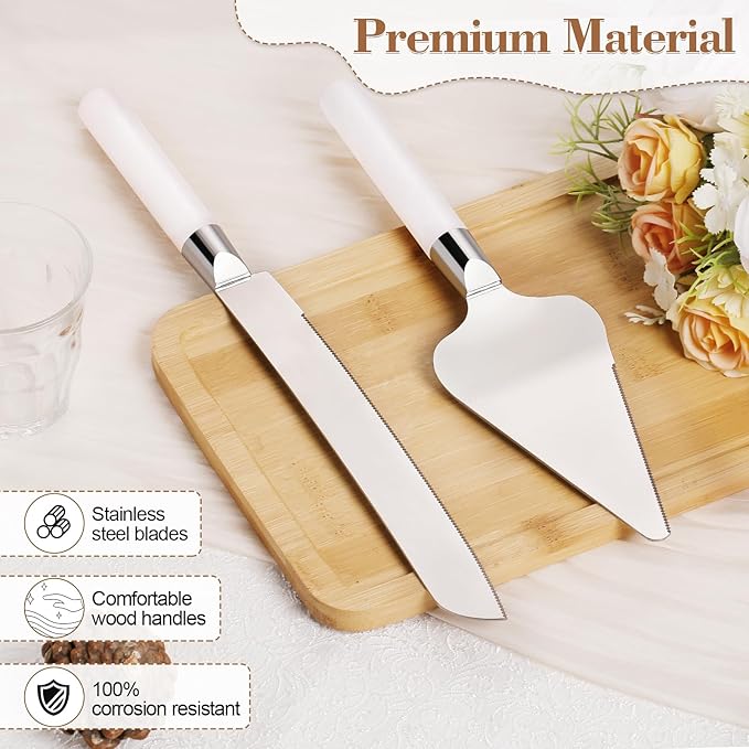 Cake Cutting Set for Wedding, Wood Cake Knife and Server Set, Vintage 2-Piece Pie Cake Cutter, White Pizza Dessert Utensils Bridal Anniversary Birthday Quincea챰era Gift (White)