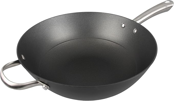 Cuisiland 12.5" Honeycomb Cast Iron Wok with Dual Handles ??Non-Stick Stir-Fry Pan, Stainless Steel Long Handles, Oven Safe, Classic Cast Iron Heat Retention