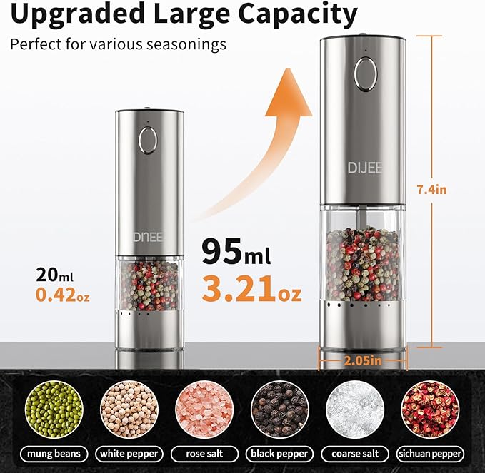 Rechargeable Salt and Pepper Grinder Mill, Electric Salt and Pepper Grinder set with Adjustable Grinding Speed, Automatic, Refillable, Stainless Steel Pepper Mill for Kitchen, Dining, Gifts (2 Pack)