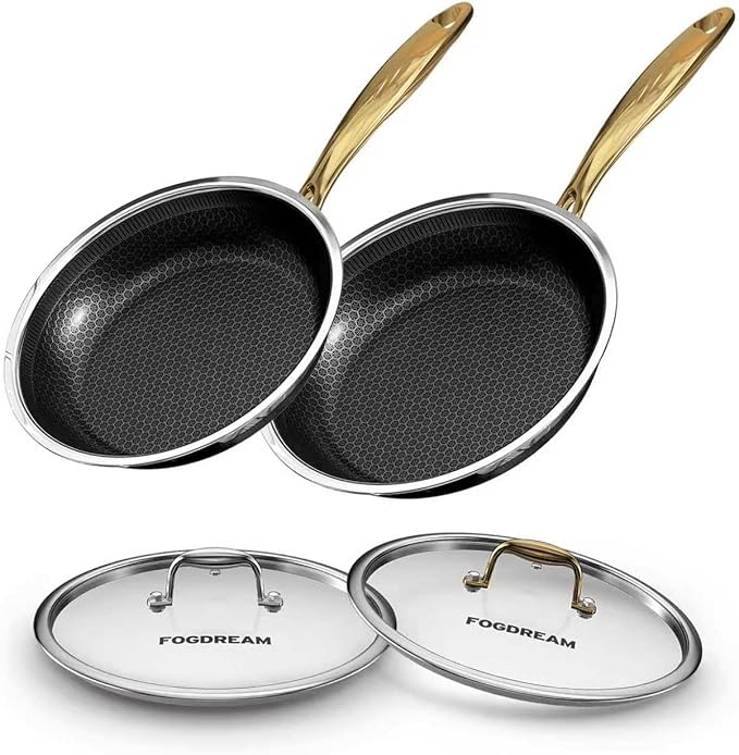 Fogdream 10??1??Non Stick Frying Pans, Stainless Steel Skillet with Lid, Tri-Ply Stainless Steel for All Cooktops, Dishwasher and Oven-Safe Cooking Pan, Stay-Cool Handle, Gold