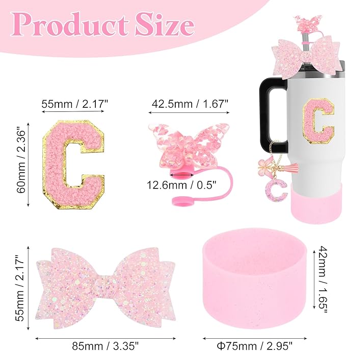 uxcell 8Pcs Cup Accessories Set for Cup Tumbler with Handle, Including Silicone Straw Cover, Boot, Spill Proof Stopper, Handle Charm, Initials Sticker(Letter C, Pink)