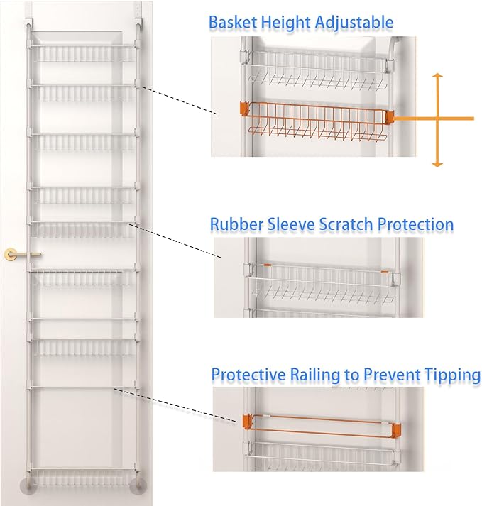 White Over the Door Pantry Organizer 8 Tier, Adjustable Basket Pantry Door Organizer and Storage, Heavy Duty Metal Kitchen Hanging Spice Rack (D5xW19xH50 Inches)