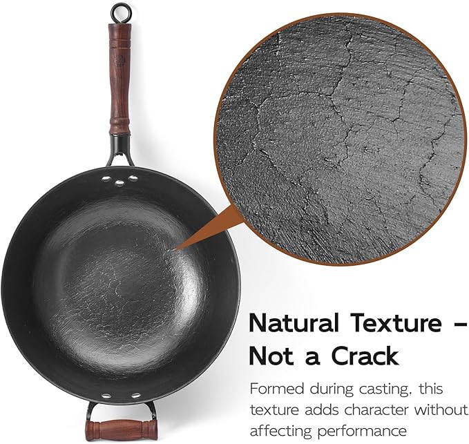 WANGYUANJI 13.4 Inch Cast Iron Wok with Lid and Iron Spatula, Flat Bottom Double-Handle Stir Fry Pan, Chemical-Free Uncoated Wok for Induction, Gas and Electric Stoves