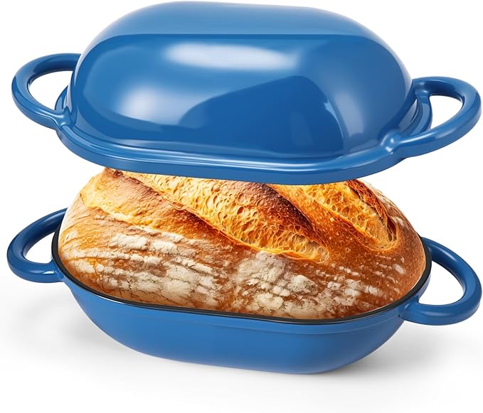 Maxdot 4qt Dutch Oven with Lid Enameled Cast Iron Sourdough Bread Pan for Christmas Baking Non Stick Single with Loop Handles for Christmas Family Homemade Breadbaking(Blue)
