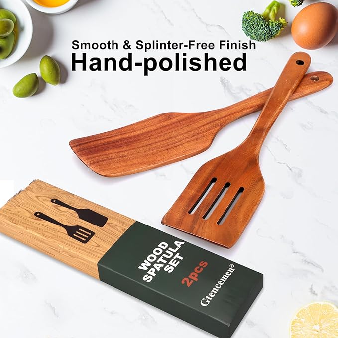 Best Teak Wooden Spatula Set Non Toxic 2 Pcs Wood Kitchen Utensils sets Slotted Turner Spatula Wood Angled Spurtle for Cooking, Flat Frying, Pancake, Egg, Non Stick BPA Free