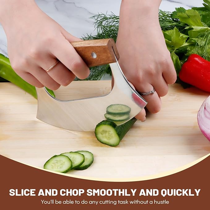 KAYCROWN Ulu Knife, Sharp Rocker Mezzaluna Knife with Wooden Stand, Alaskan Ulu for Pizza Cutter, Vegetable, Salad, Mezzaluna Chopper