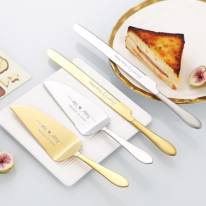ROXBURGH Wedding Cake Knife and Server Set, Engraved Mr and Mrs Silver Forks Cake Cutting Set Pie Dessert Servers for Wedding Anniversary Bridal Shower Engagement