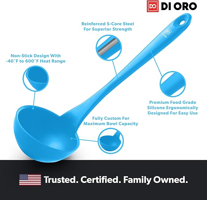 DI ORO Silicone Ladle ??Soup Ladle for Cooking & Serving Heat-Resistant - Large Kitchen Soup Ladle Nonstick Cookware Safe - Soup Serving Spoon with Wide Bowl - Silicone Utensil Dishwasher Safe (Blue)