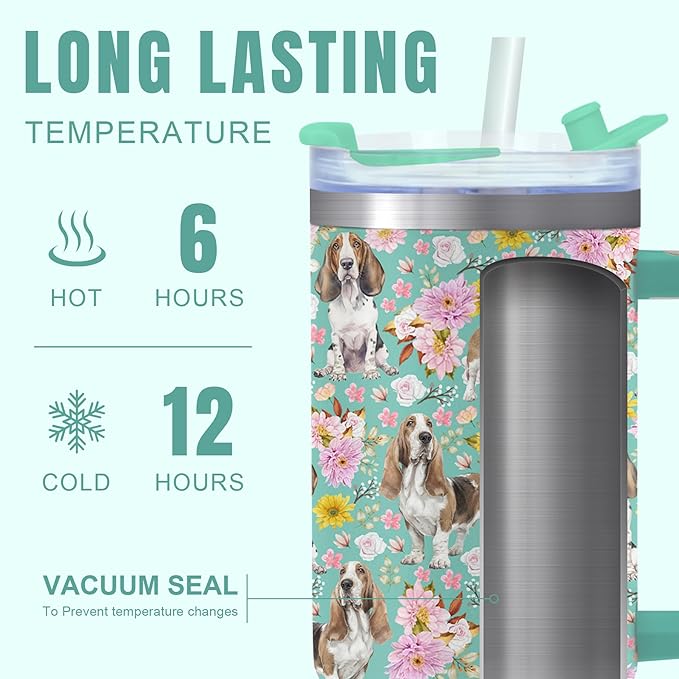 Yogusut Basset Hound Gifts for Women, 40oz Stainless Steel Insulated Tumbler Travel Mug Cup with Handle Straw, Gifts for Dog Mom Dog Lover