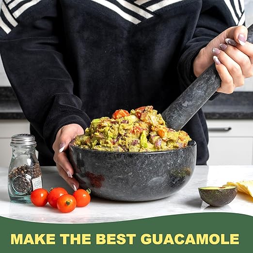 Koville Granite Mortar and Pestle Set, 8" Extra Large Grinder Bowl for Guacamole, Salsa, Pill Crusher, Spice, Herb, Garlic, Nut, Heavy Duty Grinder for Kitchen