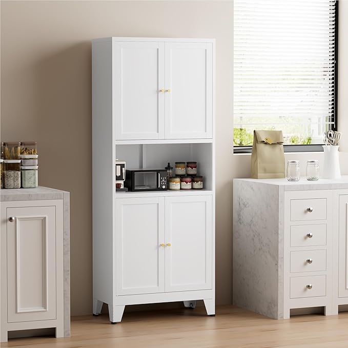 COFaR 69" Tall Modern Kitchen Pantry,Metal Storage Cabinet with Adjustable Shelves,Pantry Cabinet with 6-Tier,Freestanding Cupboard for Kitchen,Dining Room,Living Room,Bathroom,White