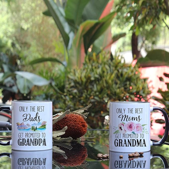 Only the Best Mom Dad Get Promoted to Grandma and Grandpa Mug Set 11oz, Pregnancy announcement Gifts, Birthday Christmas Thanksgiving Day Grandparent Mug Set of 2 Shot Mugs (Black)