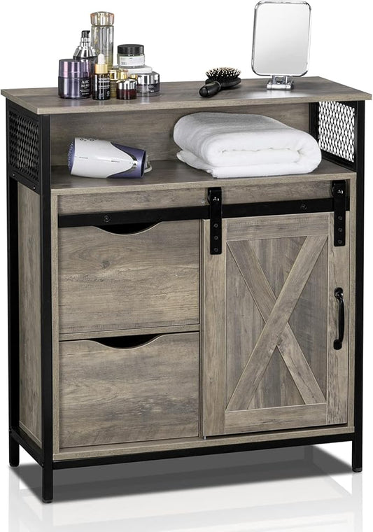 VINGLI Farmhouse Bathroom Floor Storage Cabinet, Rustic Freestanding Cabinet Organizer w/Sliding Barn Door, 2 Large Drawers and Adjustable Shelves (Wash Grey)