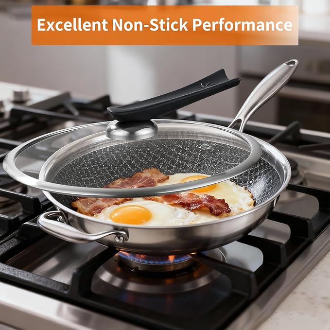 DELARLO Tri-Ply Stainless Steel 12 inch Nonstick wok Pan With Lid,induction Cookware Woks & Stir-Fry Pans,Dishwasher and Oven Safe Up To 650째F