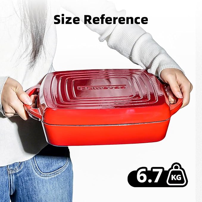 2-in-1 Square Enameled Cast Iron Dutch Oven 7QT Baking Pan and Gridle Lid with Dual Handles, Cast Iron Skillet lid, Coating Gridle for Baking, Braising and Grilling - Red