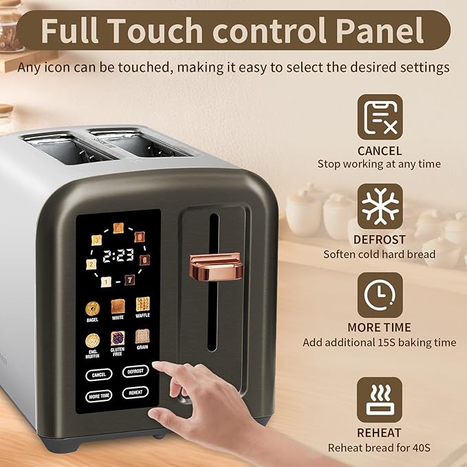 SEEDEEM Toaster 2 Slice, Full Touch Control Stainless Toaster, LCD Display, 50% Faster Heating Speed, 6 Bread Type, 7 Shade Setting, 1.5''Wide Slots, Removable Crumb Tray, 1350W, Dark Metallic