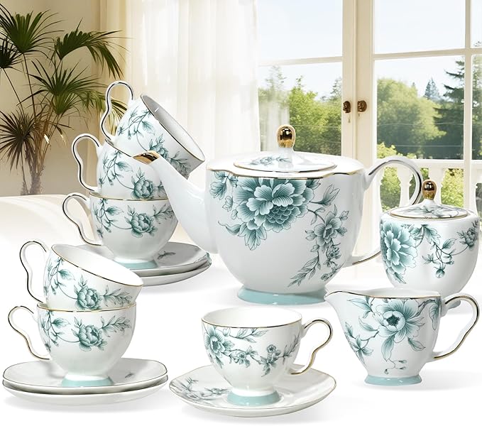 ACMLIFE Bone China Tea Sets for Adults, Blue and White Tea Gift Set, 21 Piece Porcelain, Cup and Saucer Set for 6 Vintage Floral Party for Women or Christmas Gifts Giving (Blue-Leaf-21)