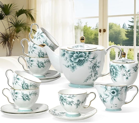 ACMLIFE Bone China Tea Sets for Adults, Blue and White Tea Gift Set, 21 Piece Porcelain, Cup and Saucer Set for 6 Vintage Floral Party for Women or Christmas Gifts Giving (Blue-Leaf-21)