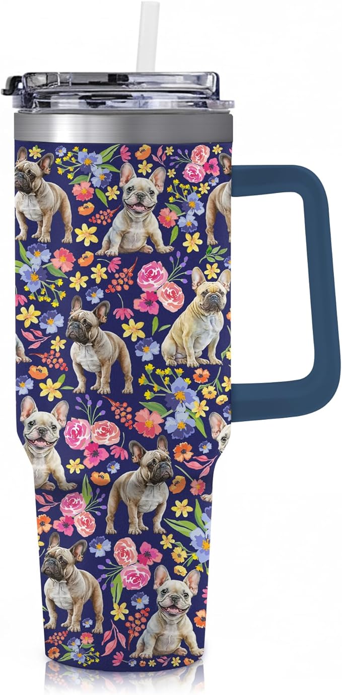 Yogusut French Bulldog Gifts for Women, 40oz Stainless Steel Insulated Tumbler Travel Mug Cup with Handle Straw, Gifts for Dog Mom Dog Lover