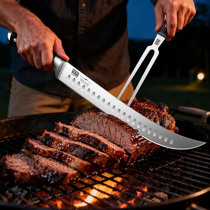 SHAN ZU 3Pcs Carving Knife Set with Sheath ??for Turkey, Meat, BBQ, Brisket, Razor Sharp Slicing Knife, Professional 5Cr15MoV Stainless Steel, Ergonomic Full Tang Wood Handle, Gift Box Included