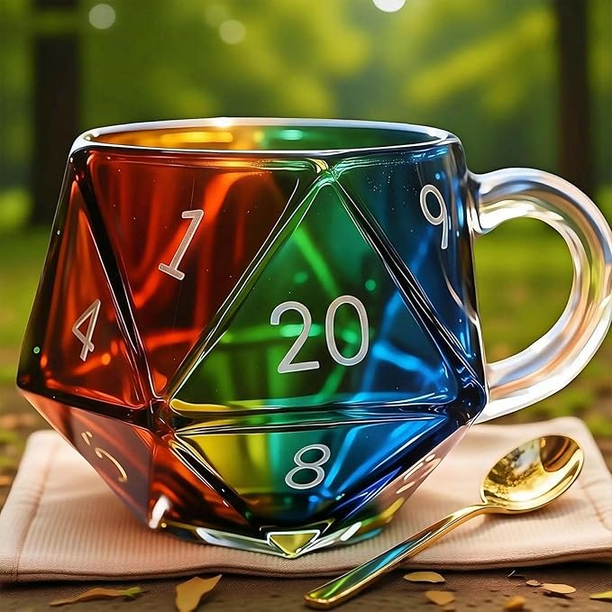 Dlin Rainbow D20 Dice Glass Coffee Mug - Heat-Resistant Transparent with Ergonomic Handle, Leak-Proof & Multi-Functional Gaming Mug for RPG/Board Game Lovers, Perfect Fantasy Themed Gift (Rainbow-1PC)