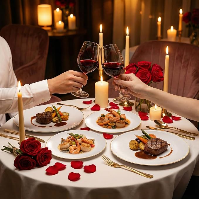 KIRE 200PCS Gold Plastic Plates - Disposable Plates for Party - White Plastic Plates with Gold Rim Include 100 for Dinner and 100 for Dessert/Salad in Wedding/Valentine's Day/New Year
