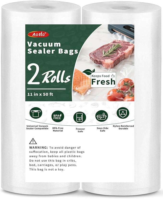 Aotto Vacuum Sealer Bags for Food - 2 Rolls 11" x 50' Commercial Grade BPA Free Vacuum Seal Bags for Food Storage, Meal Prep and Sous Vide