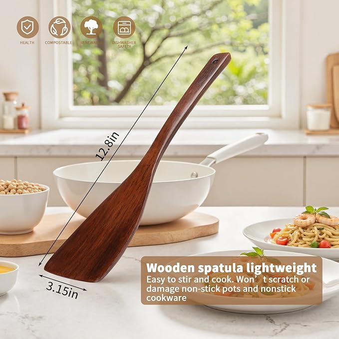 Wooden Spatula for Cooking, Long Handle Corner Spatulas for Frying Pan, Right Hand Wood Turner for Cooking Kitchen Utensils