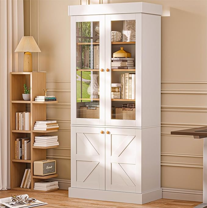 71" Tall Kitchen Pantry Cabinet, Rustic Farmhouse Storage Hutch with Glass Doors & Adjustable Shelves, Freestanding Wood Buffet Cabinet for Dining Room, Living Room, White