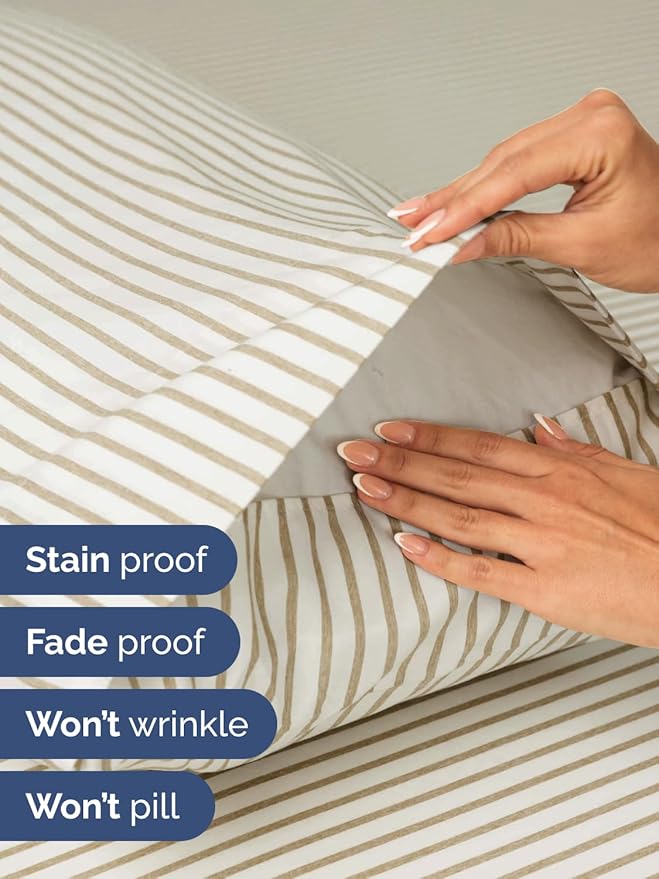 Extra Deep Pocket Queen Sheet Set - 4 Piece Breathable & Cooling Bed Sheets - Hotel Luxury Sheet Set - Soft, Wrinkle Free and Comfy - Fits Extra Deep Mattresses - Deep Pocket Beige Stripes 2 Sheets