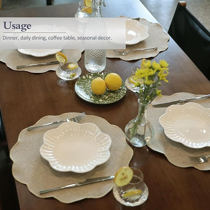 AHHFSMEI Round Faux Linen Placemats Set of 6 Waterproof Table Mats Heat Resistant Non-Slip and Stain Proof for Kitchen Dining Elegant Decor (Linen Beige,6)