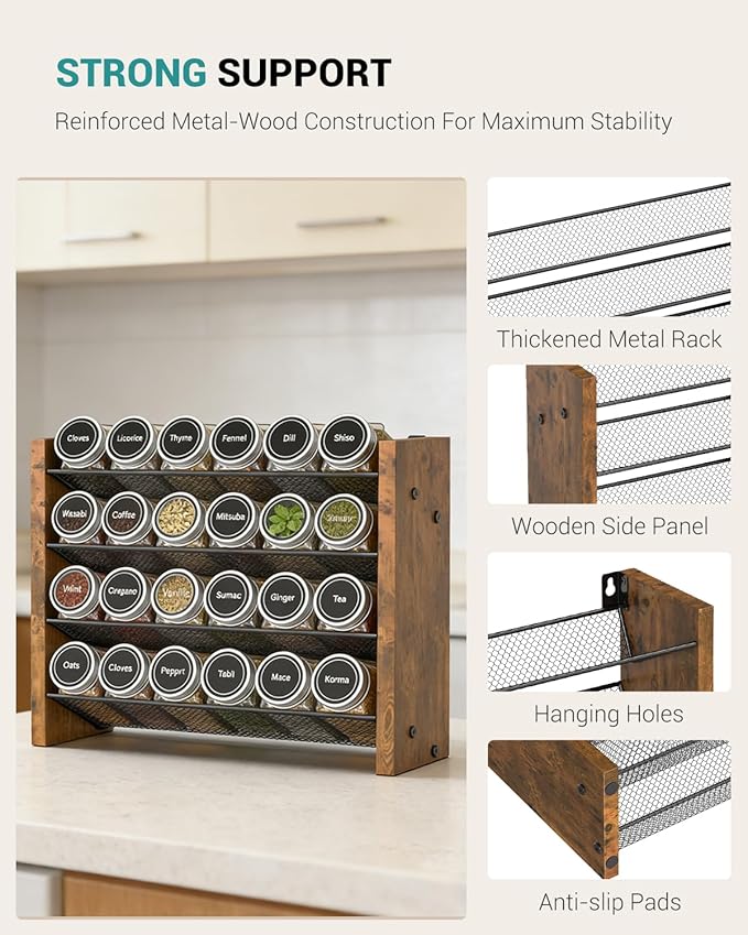 NESAPTO Spice Rack Organizer for Cabinet, Wooden 4 Tier Vertical Seasoning Organizers for Kitchen Pantry, Countertop/Wall Mount, Holds 24 Spice Jars (No Jars Included),12.2" W 횞 9.4" H