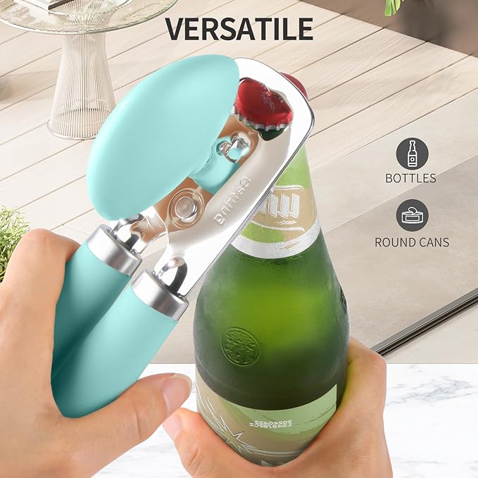 Can Opener Manual, Heavy Duty Stainless Steel Smooth Edge Can Opener With Soft Touch Handle, Oversized Handheld Easy Turn Knob, Multi-Function Bottle Opener, Aqua Sky