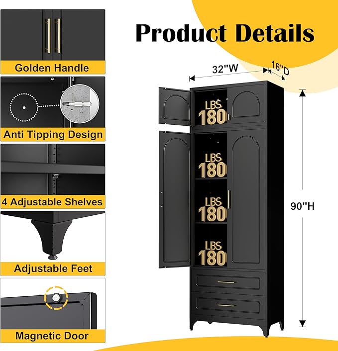 Kitchen Pantry Cabinet竊?0" Storage Cabinets with Doors and Shelves,Metal Pantry Cabinet with 2 Drawers,White Kitchen Cupboard for Livingroom,Pantry, Bathroom