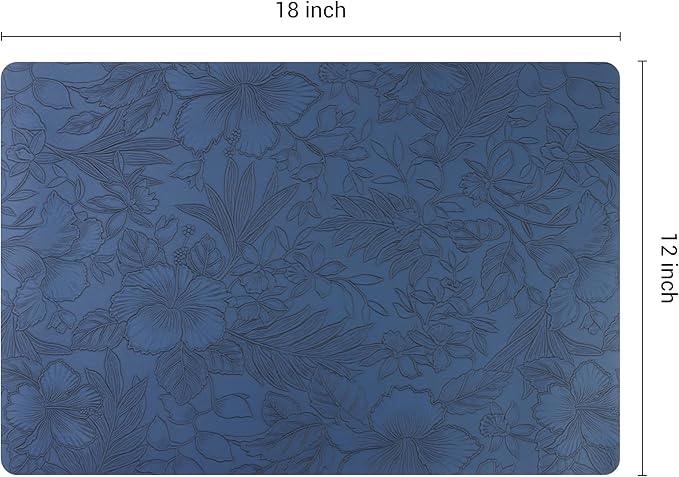DRMHM Set of 6 Faux Leather Flower Placemats for Kitchen Dining Table Decor, Washable Table Placemats Wipeable Table Mat 18 * 12in Dark Blue