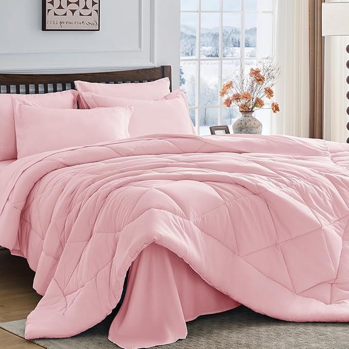 HEVUMYI Pink King Comforter Set - 7-Piece All Season Bed in a Bag King, Ultra Soft Bedding Set with Comforter, Flat Sheet, Fitted Sheet, Pillowcases, Pillow Shams, Pink