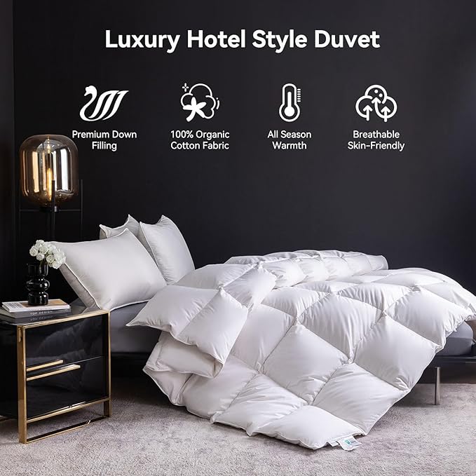 Feather Down Comforter Twin Size,Hotel Style Bedding Comforter,750+ Fill Power,1200TC,100% Organic Cotton Fabric,All Season White Duvet Insert with 8 Corner Tabs