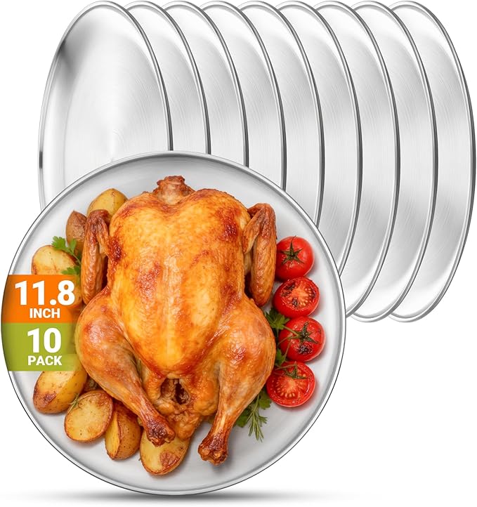 Stainless Steel Plates, 10 Pack 11.8 inch Large 201 Metal Food Serving Plate Set, Reusable Snack Eating Dishes Round Shatterproof Brushed Finish Dish Silver Dinner Lunch Oven Dishwasher Safe