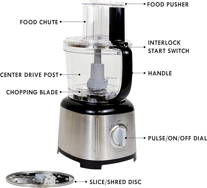 Kenmore 11-Cup Food Processor - Vegetable Procesador de Alimentos, Blender, Onion Chopper And Garlic Mincer, Kitchen Appliance High Powered Electric Licuadora, 500W Red, Stainless Steel Black