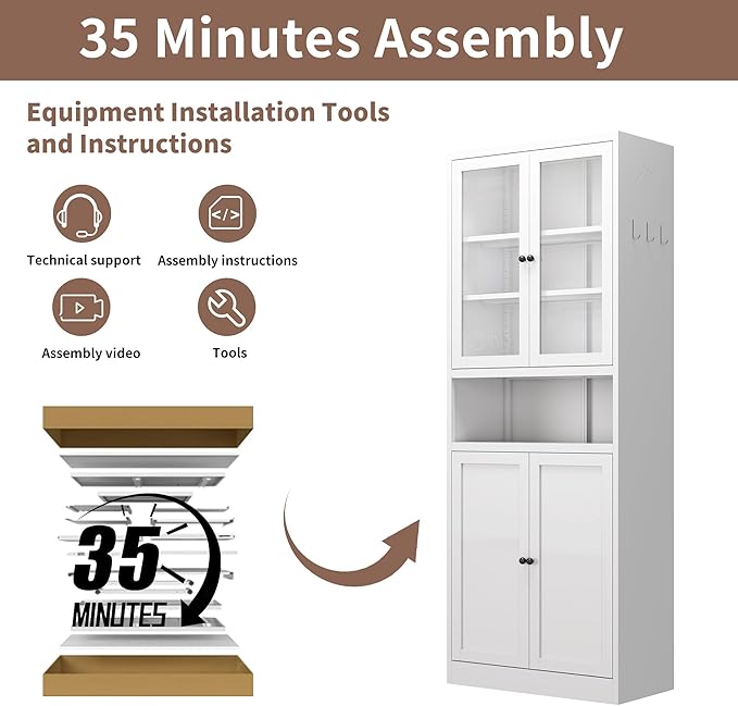 Kitchen Pantry Cabinet with Microwave Stand, 72" Tall Kitchen Hutch Storage Metal Pantry for Kitchen Dining Room Living Room Bathroom,Assembly Required (White)