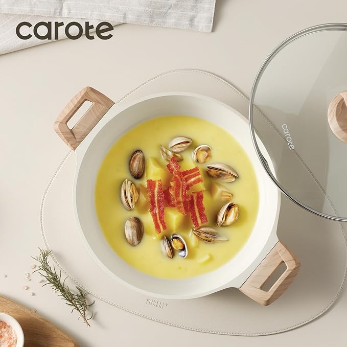CAROTE 3 Qt Nonstick Stock Pot with Lid Soup Pot with Lid, Casserole Super Easy to Clean Non Stick Cooking Pot Cookware PFOA Free, White Granite