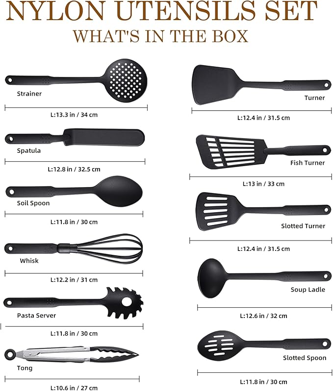 TJ POP Kitchen Utensils Set of 11 Pcs, Nylon Utensils Set, Non-Stick Cooking Utensils Set 410째F Heat Resistant, Kitchen Gadgets Accessories Tools for Cookware (BPA Free)