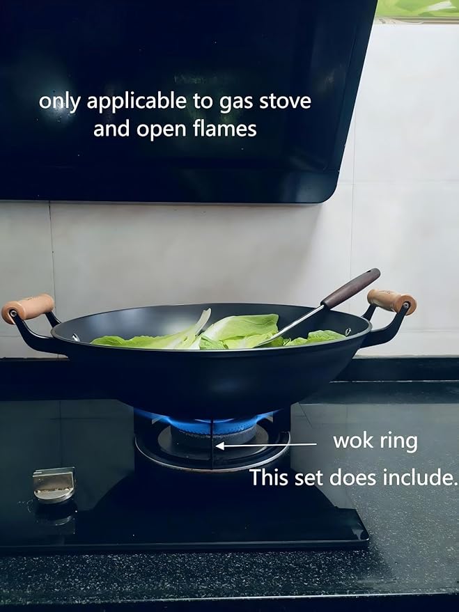 Chinese woks with a lid and a Spatula stir-fry pans deep fryer Cast Iron 16 Inches round bottom pot Uncoated for Open Fire not easy to rust not easy to stick and durable for about 1-8 people