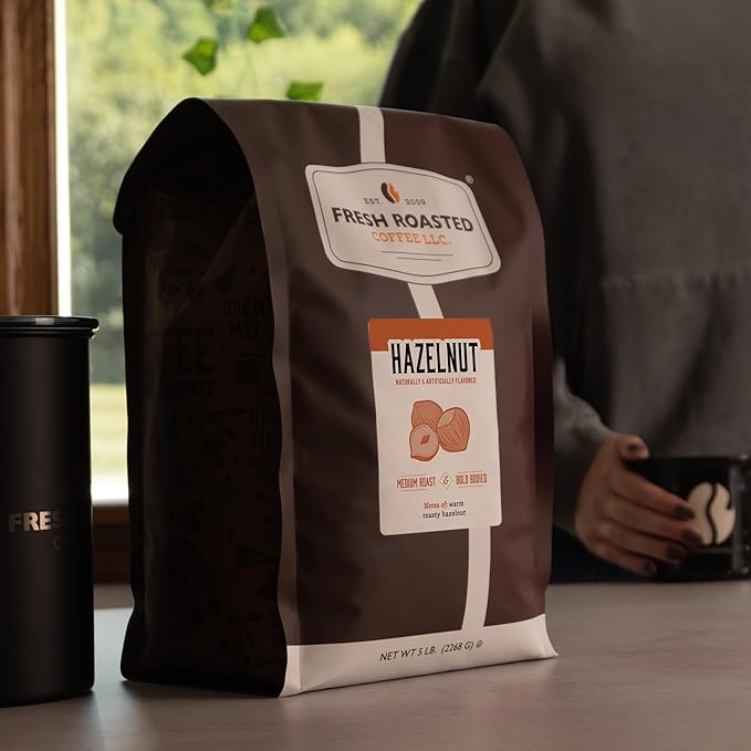 Fresh Roasted Coffee, Hazelnut Flavored Coffee, 5 lb (80 oz), Medium Roast, Kosher, Ground