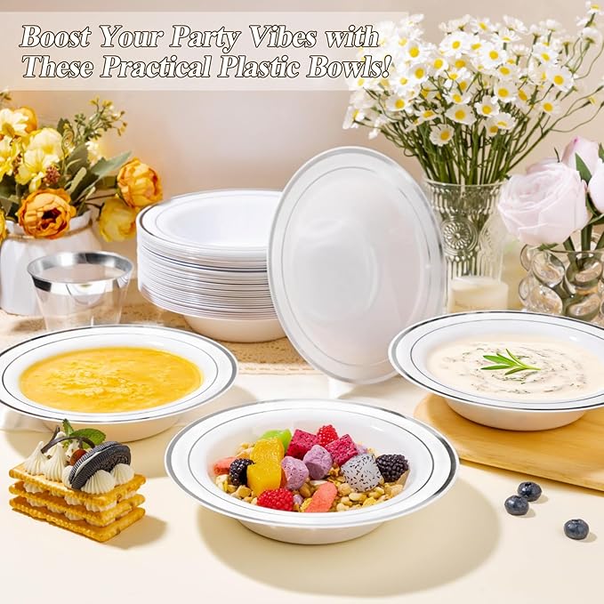 BESTSTAR 200 Pack Disposable Soup Bowls with Silver Rim, 12oz Premium Heavy Duty Plastic Dinner Bowls for Party, Wedding and Holiday