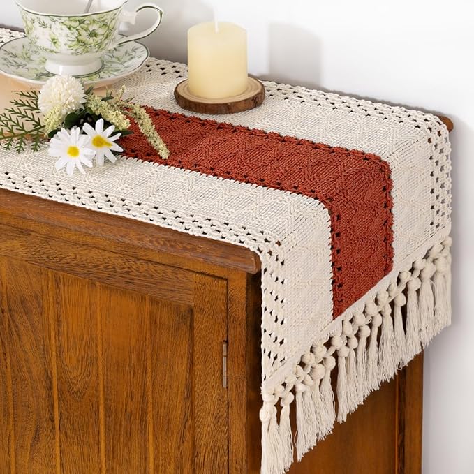 Socomi Boho Table Runner Valentine's Day Farmhouse Rustic Dining Kitchen Small Macrame Woven Cotton Linen Coffee Table Runner for Dresser Scarf Home Decor 12x36 inch Terracotta Ivory