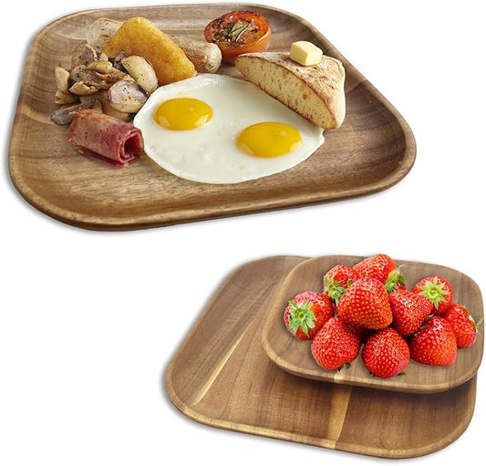 MinBoo Wooden Acacia Plates set of 3, 9-6Inch Wood Acacia Serving Trays, Farmhouse Kitchen Plates, Reusable Wooden Dishware for Dining, Appetizers, Snacks, Parties (square)