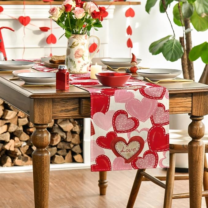 Artoid Mode White Pink Love Heart Valentine's Day Table Runner, Holiday Anniversary Kitchen Dining Table Decoration for Home Party Decor 13x72 Inch